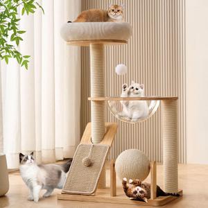 HITTITE Solid Wood Cat Tree Tower with Scratching Post, 37.8 Inches Tall Cat Towers with Scratching Board and Scratcher Ball, Modern Cat Tower With Space Capsule and Removable Top Bed for Indoor Cats. (White)
