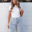 luvamia Bermuda Shorts for Women Jean High Waisted Trendy Patch Pockets Casual Summer Button Fly Stretchy Denim Shorts (Blue, S)