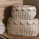 CAALMA Scalloped Basket - Set of 2 Rattan Basket - Wicker Storage Basket with Lid - Decorative Small scalloped baskets - Woven Baskets with Lids - Round Wicker Baskets for Nursery - Scallop Basket