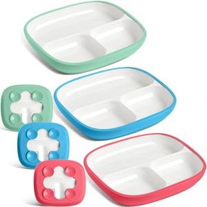 Domensi 3 Set Kids Porcelain Plates with Silicone Sleeves 8.2 Inch Divided Porcelain Plate Toddler White Suction Dishes for Baby Trouble less Eating Microwave Dishwasher Safe (Bright)