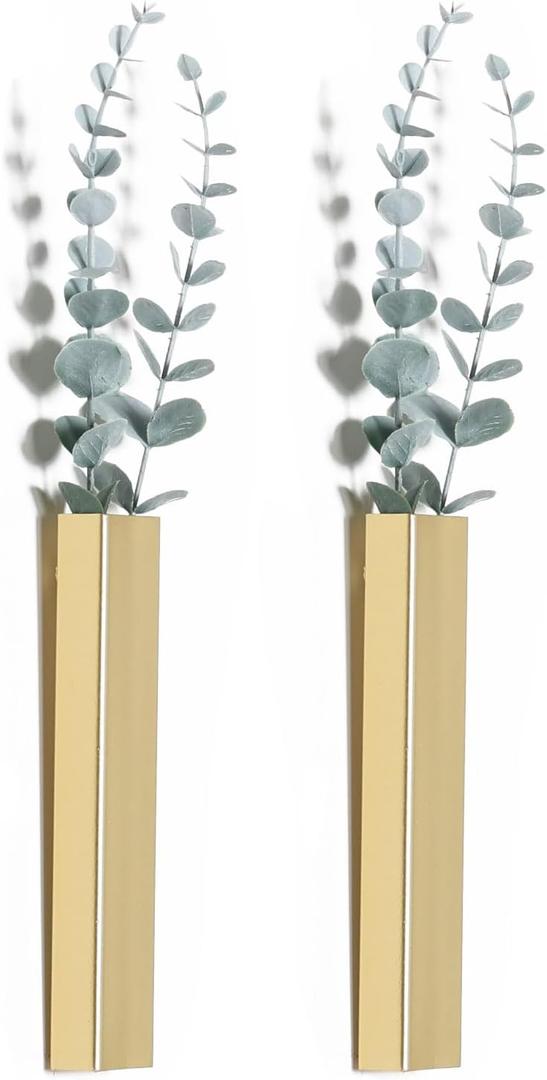 Pretty Jolly Wall Decor Eucalyptus Metal Planter Modern Boho Home Vase,Artificial Flowers Indoor Wall Sculpture for Living Room, Bedroom Greenery Set of 2 Gold