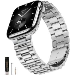 SUNFWR Compatible with Apple Watch Band for Men Women, Stainless Steel Metal iWatch Band for Apple Watch Size: 49mm/46mm/45mm/44mm/42mm (Series 3 2 1) (Silver)