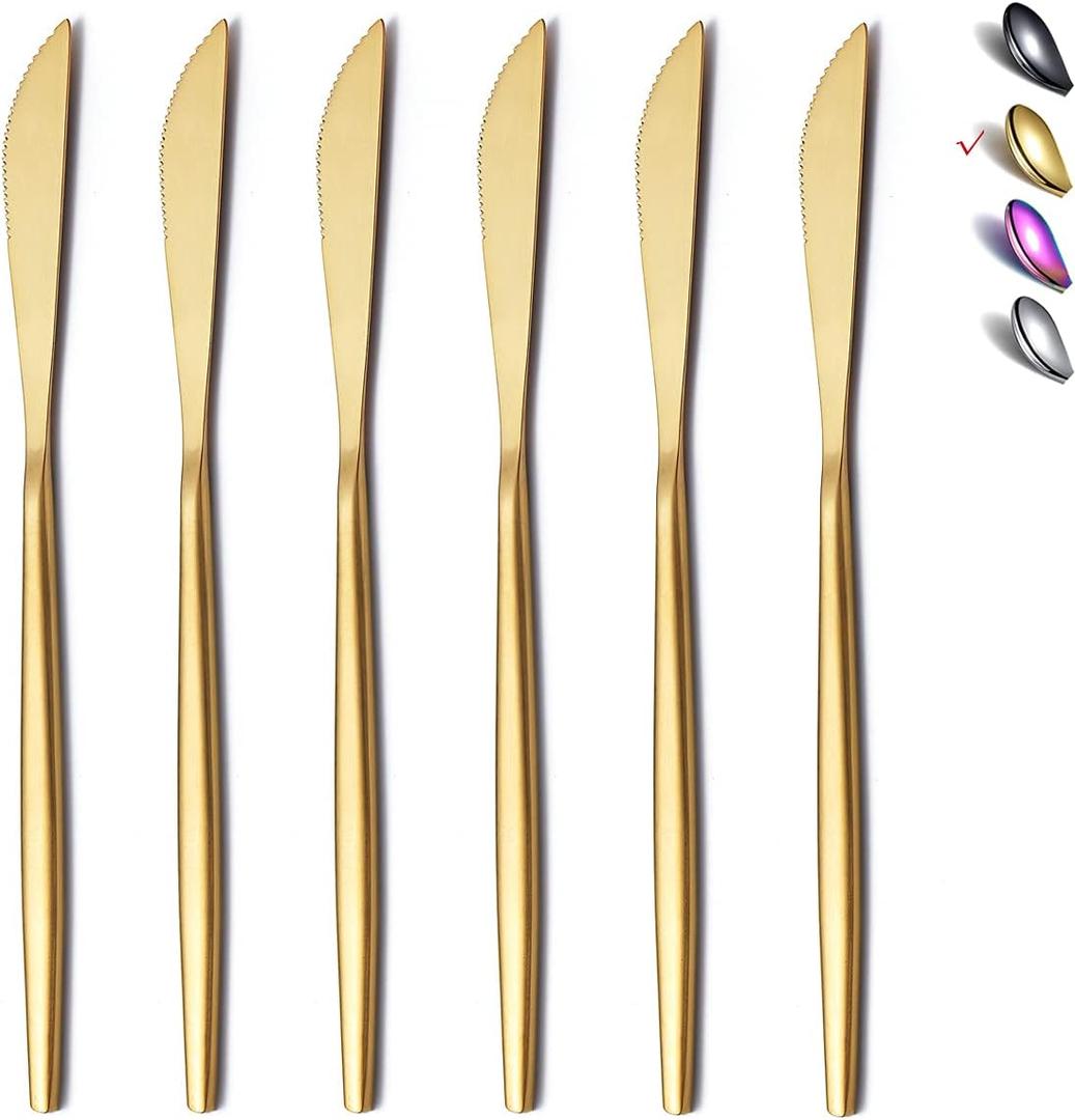 HOMQUEN Dinner Knives 6 Piece, Stainless Steel Matt Gold Dinner Knife, Sturdy butter knife, Modern Design butter knives, Dishwasher Safe (Matt Golden-8.9 Inch)