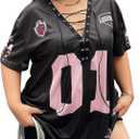 QJQ Womens Plus Size Graphic Jersey Shirts Tees Mesh Lace Up V Neck T Shirts Football Y2k Tops 2026