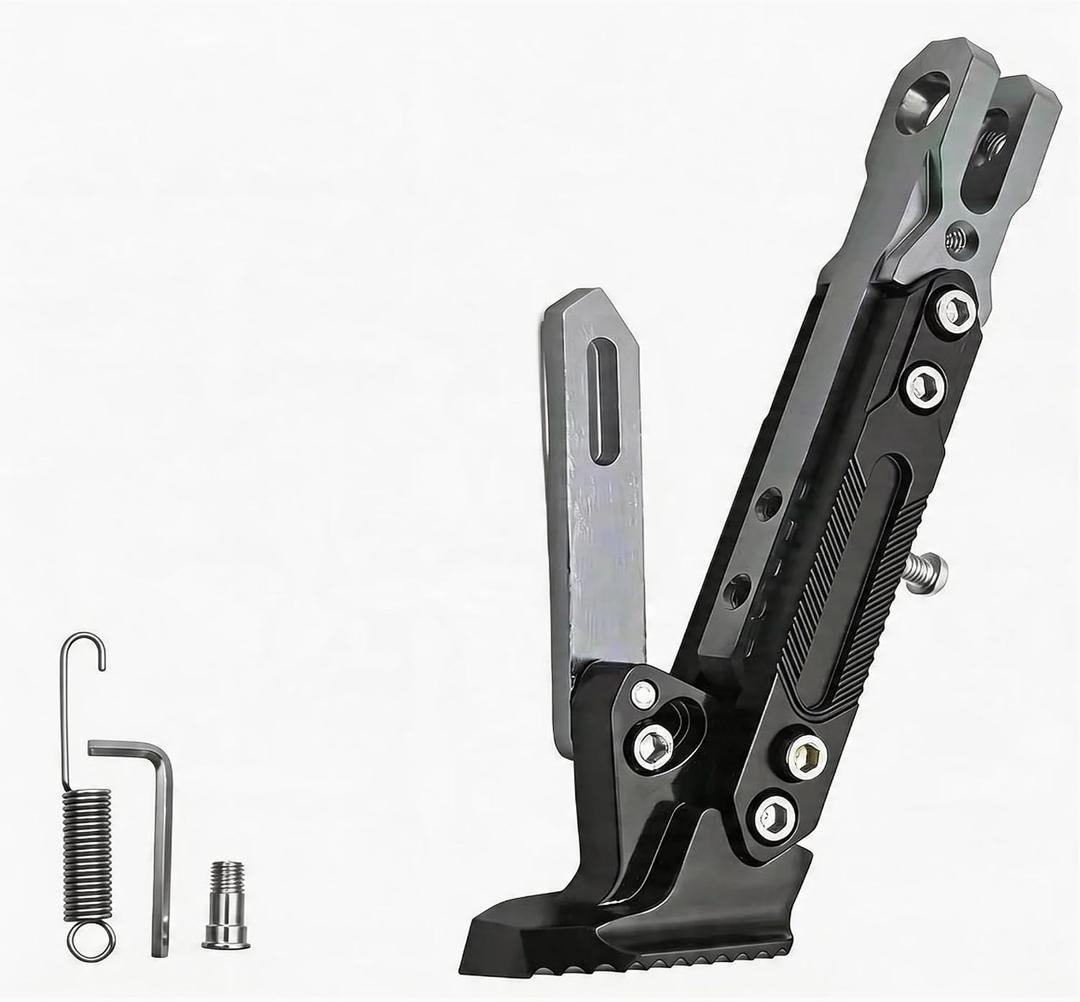 Adjustable CNC Aluminum Motorcycle Kickstand, Universal Anti-Slip Side Stand with Spring & Screws, Adjustable Length Parking Support for Scooter Dirt Pit Bike Electric Bike,（ black）