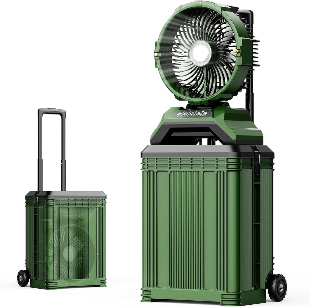 Portable Misting Fan with 30L Bucket, 30000mAh Rechargeable Battery Powered, 12Hrs Mist Rechargeable Fans, 4 Strong Winds, 4 Spray Mister, 3 Lighting Settings for Outdoor, Camping, Patios