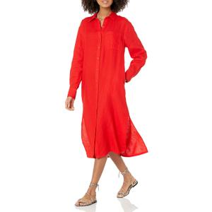The Drop Women's Fiona Relaxed Linen Midi Shirt Dress (4X, Flame Red)