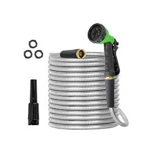 TVKB Garden Hose 100ft Stainless Steel Water Hose Super Tough Flexible Water Pipe with Brass Fittings and Sprayer Nozzle, No Kink, Rust Proof