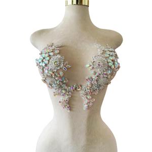 Handmade Shining Rhinestones lace Applique Patches Sewing Beads Sequins Stone Trim Accessories for Wedding Dress 1 Pair/Bag 11X4.3inches (Clear AB)