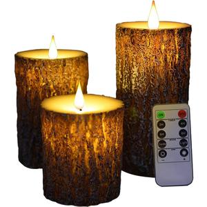 NICEME LED Pine Bark Flameless Candles Set of 3 Real Wax Battery Operated Candles Flickering Teardrop Wick Electric Decorative Pillar Bark Candles with Remote Timer, D3 x H4 5" 6"