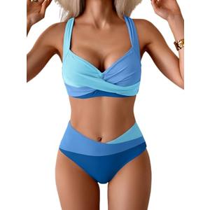 B2prity Bikini Sets for Women Two Piece Swimsuit Mid Rise Color Block Bathing Suit Tie Back Swimwear, S