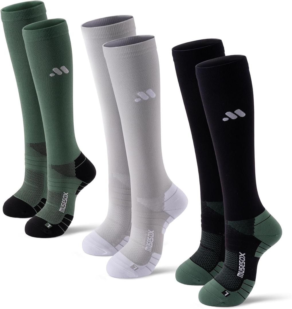 Compression Socks for Women and Men, Knee High 15-20mmHg Graduated Circulation Support(3 Pairs)Best for Nurses, Pregnant, Running, Travel, Flight, Athletic, Sports, Reduce Muscle Fatigue, Black Gray Green, M