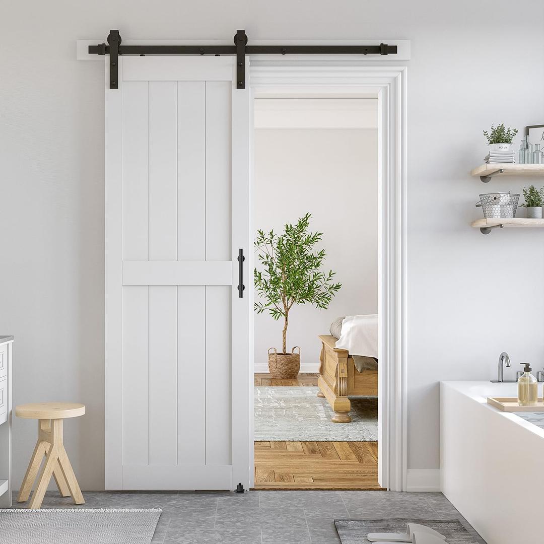 SmartStandard 28 x 84 inch White Sliding MDF Barn Door with 5FT Black Sliding Door Hardware Kit & Handle, Pre-Drilled Ready to Assemble, Waterproof PVC Coating, H-Frame