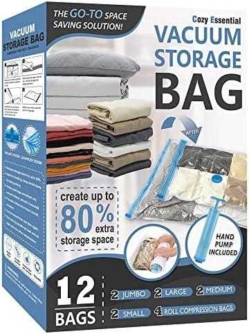 12 Pack Vacuum Storage Bags, Space Saver Vacuum Storage Bags, Vacuum Seal Bags for Clothing, Clothes, Comforters and Blankets, Hand Pump Included