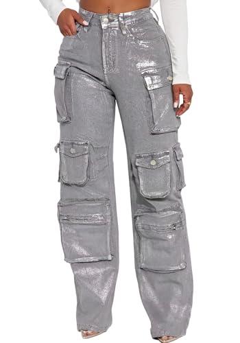 Tbahhir Women Cargo Jeans Baggy High Waisted Straight Leg Denim Pants Multi-Pockets Y2K Trousers Loose Casual Fal,Size XXL