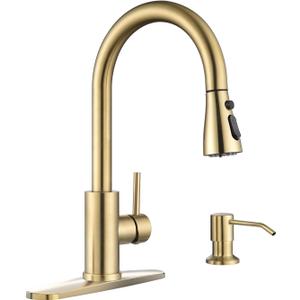 APPASO Gold Kitchen Faucet with Soap Dispenser, Brushed Gold Kitchen Sink Faucet with Pull Down Sprayer, Modern High Arch Single Handle Sink Faucet for Kitchen, 3 Modes