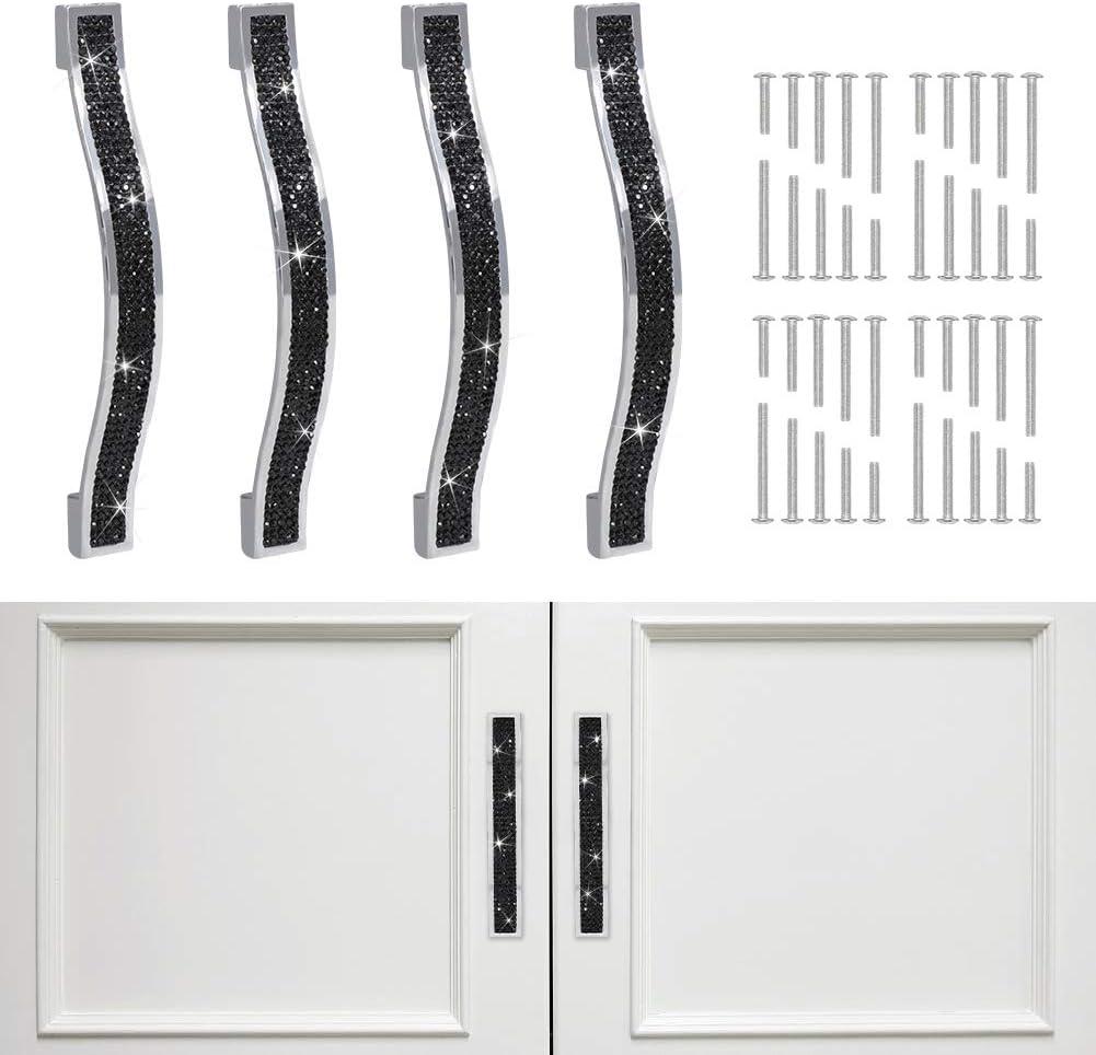 SAVORI Drawer Pulls Handle Bling Crystal Dresser Cupboard Closet Cabinet Wardrobe Door Furniture Handles Hardware Handle Pull for Home Kitchen Bathroom 4 Pack (14cm - 4 Pack, Black)