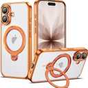 Compatible with iPhone 17 Case with 360 Spin Magnetic Ring Stand [Compatible with Mag-Safe] Full Camera Lens Protector Plating Clear Phone Case for iPhone 17 6.3", Orange