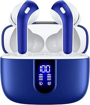 TAGRY Bluetooth Headphones True Wireless Earbuds 60H Playback LED Power Display Earphones with Wireless Charging Case IPX5 Waterproof in-Ear Ear buds with Mic for TV Smart Phone Laptop Computer Sports (Ocean Blue)