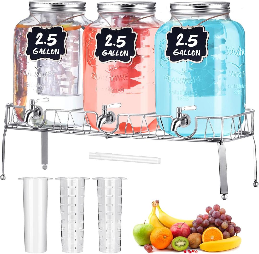 Lallisa 3 Pcs 2.5 Gallon Beverage Dispensers for Parties Glass Drink Water Dispenser with Stand Stainless Steel Leakproof Spigot Ice Cylinder Hanging Chalkboard Signs Pen (Silver)