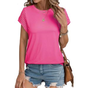 SHEWIN Womens Summer Tops Crewneck Short Sleeve T Shirts Casual Patchwork Hollow Out Loose Tank Top (Pink, XL)