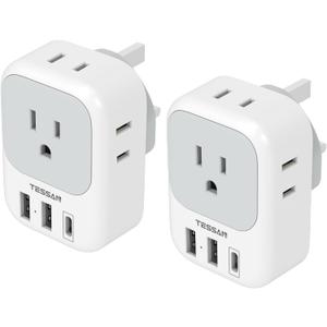 UK Adapters for Travel 2 Pack, TESSAN Type G US to UK Plug Adapter with 4 Outlets 3 USB Charger(1 USB C Port), Power Adaptor for USA to Ireland Scotland Dubai Hong Kong England British Kenya London