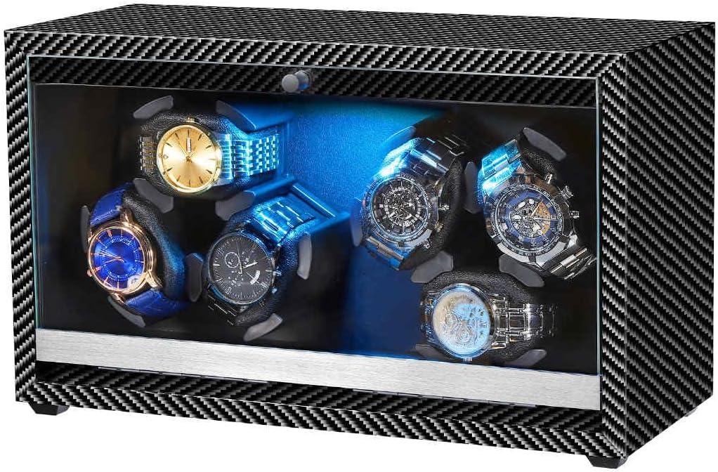 Watch Winder 6 with LED and Super Quiet Motor 4 Rotating Modes, Wooden Watch Storage Case Watch Shaker with USB Cable Gift (Black Carbon Fiber)