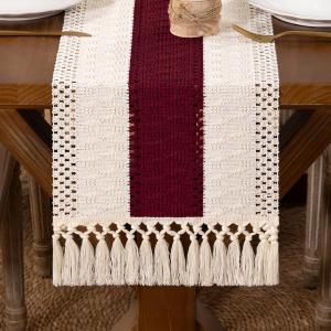 Boho Macrame Table Runner Farmhouse Woven Small Table Runner with Tassels 48 Inches Ivory& Burgundy Red Cotton Linen Kitchen Table Decor for Dining Dresser Home Tea Table Decor (12" x 48")