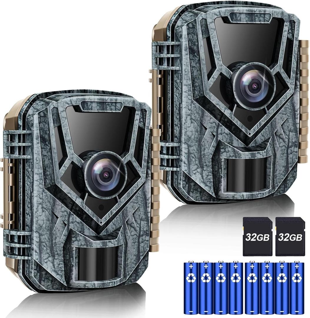Trail Camera 2 Pack 36 MP 2.7K Game Camera 32GB Memory Card 4 Batteries Time 2.0" LCD Screen, Trail Cameras with 120Wide Night Vision IP66 Waterproof for Monitoring Wildlife Trail Cam