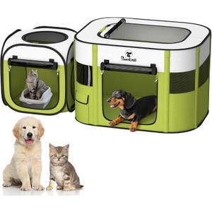 Pawaboo 2-in-1 Pet Playpen for Dog Cat, Portable Puppy Playpen with 600D Oxford, Divisible Pet Tent for Indoor and Outdoor Travel Use of Kitten and Puppy, Foldable Dog Enclosure (Avocado Green + White)