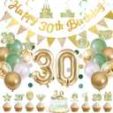 Holkcog 30th Birthday Decorations for Women, Gold Happy 30th Birthday Banner, Cake Topper Number Gold 30 Foil Balloons Candle, Sage Green White Balloons for 30 years old Party Decor(38pcs)