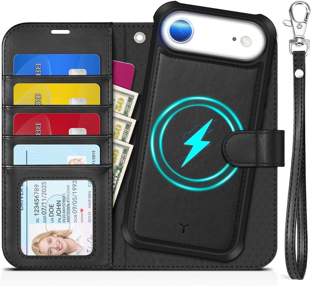 TUCCH 2-in-1 Detachable Wallet Case for iPhone Air (6.5") 2025, Wireless Charging | RFID Blocking 4 Card Holders | Wrist Strap | Kickstand | Magnetic | PU Leather | Protective Flip Cover | Black