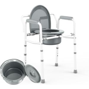 3 in 1 Bedside Commodes Chair for Seniors with Arms, Portable Width 21.5'' Steel Potty Chair for Elderly Adults with 5 Adjustable Height, Supports Up To 350lb, 6QT Bucket, Tool-Free Assembly