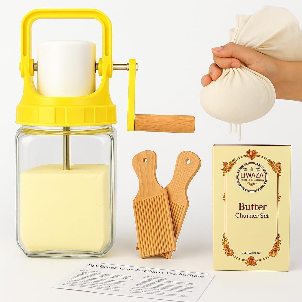1.5L Liwaza Butter Churner Kit – Complete DIY Butter Making Set with Butter Churn, Cheesecloth, 2 Shaping Spatulas, and Step-by-Step Guide – Perfect for Homemade Butter Lovers