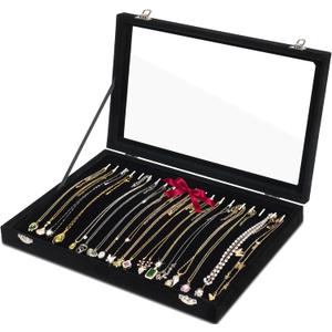 Jenseits Necklace Organizer Box, Tray with Clear Lid, Velvet Dustproof Necklaces Holder Storage Display Case, 20 Hooks Glass Top Jewelry Tray Drawer Insert for Pendant Bracelet (1-Black)
