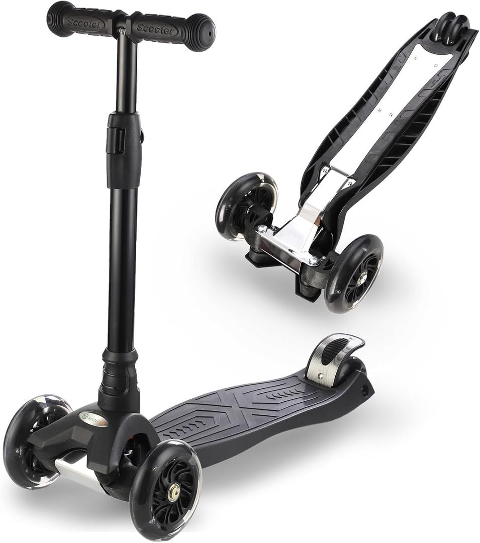 3 Wheel Scooter for Kids Ages 6-12,Kids Scooter with Light Up Wheels, Sturdy Deck Design, and 4 Height Adjustable Suitable for Kid Ages 3-12 (All Black)