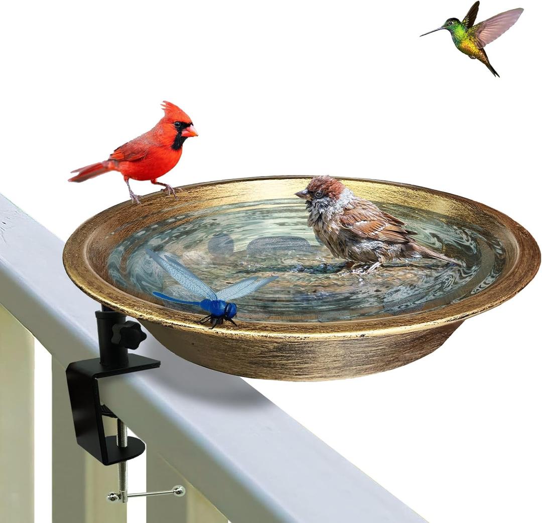 Deck Mounted Bird Bath for Outside,Detachable Birdbath Bowl with Sturdy Clamp,Easy Setup Outdoor Bird Feeder for Verandahs Garden Patio Lawn Decoration 11.4 in.Antique Bronze