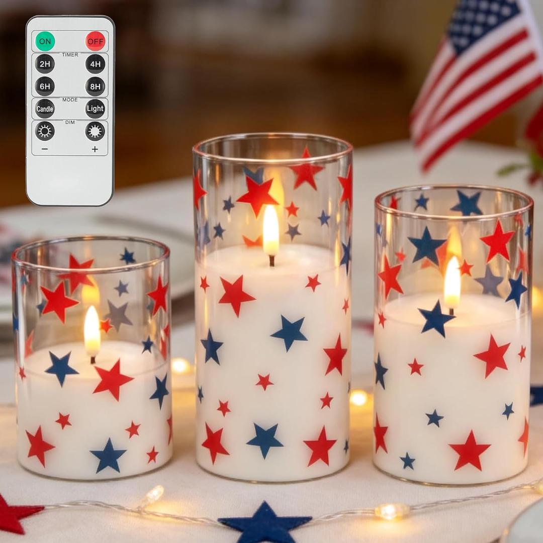 LUSHARBOR Patriotic Flameless Candles with Remote, 4th of July Battery Operated Candles with Star Decor, Set of 3 Glass LED Electric Candles for Home Party Patriotic Holiday Decor