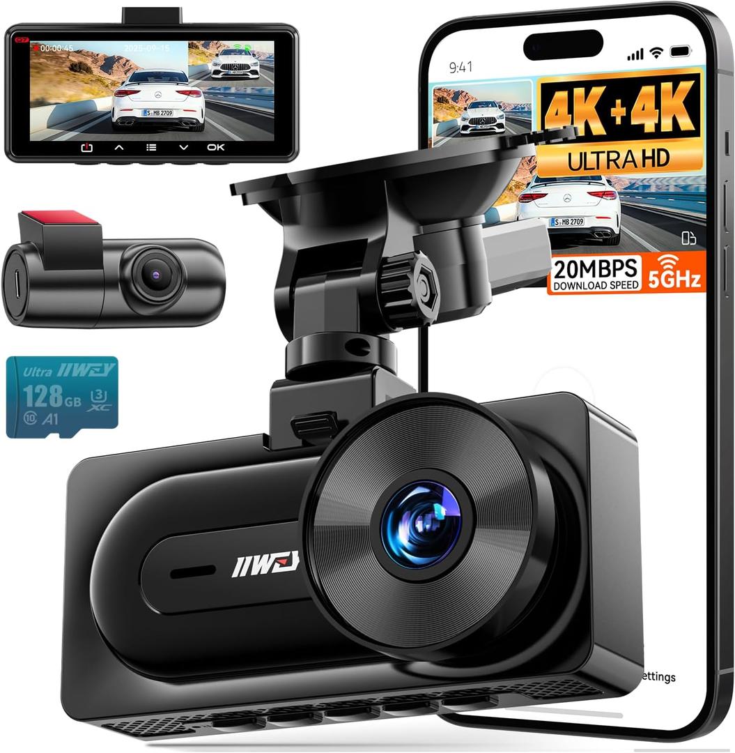 IIWEY 4K+4K Dash Cam Front and Rear, Dual STARVIS Sensor, 5G WiFi-6 (up to 20MB/s) with App, 128G SD Card Included, GPS, Dash Camera for Cars with 24/7 Parking Mode, 3.18 Inch IPS, 170 Wide Angle
