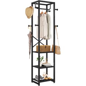 IBUYKE Coat Rack with Shelves, Freestanding Hall Tree with 3 Shelves and 8 Hooks, Industrial Clothes Stand for Entryway, Hallway, Bedroom, Black UTMJ088B