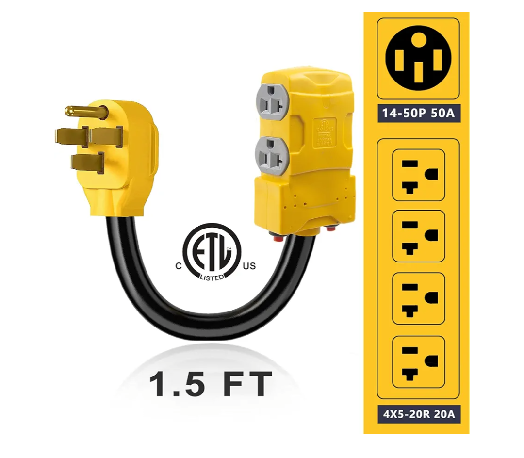 50 Amp to 20 Amp 110V RV Distribution Adapter, NEMA 14-50P to 4 X 5-20R/15R RV Generator Adapter, 4-Prong to Mutiple Household Outlet w/ 20amp Circuit Breaker, 1.5FT