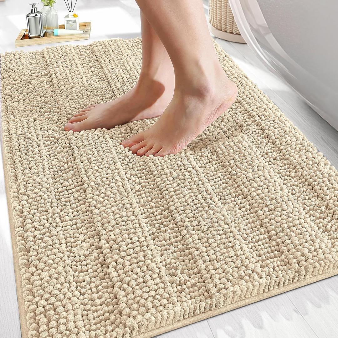 OLANLY Thick Bathroom Rugs 30x20, Extra Soft Absorbent Chenille Striped Bath Rugs, Rubber Backing, Machine Wash Dry, Bath Mats for Bathroom Floor, Tub and Shower, Home Decor Accessories, Beige