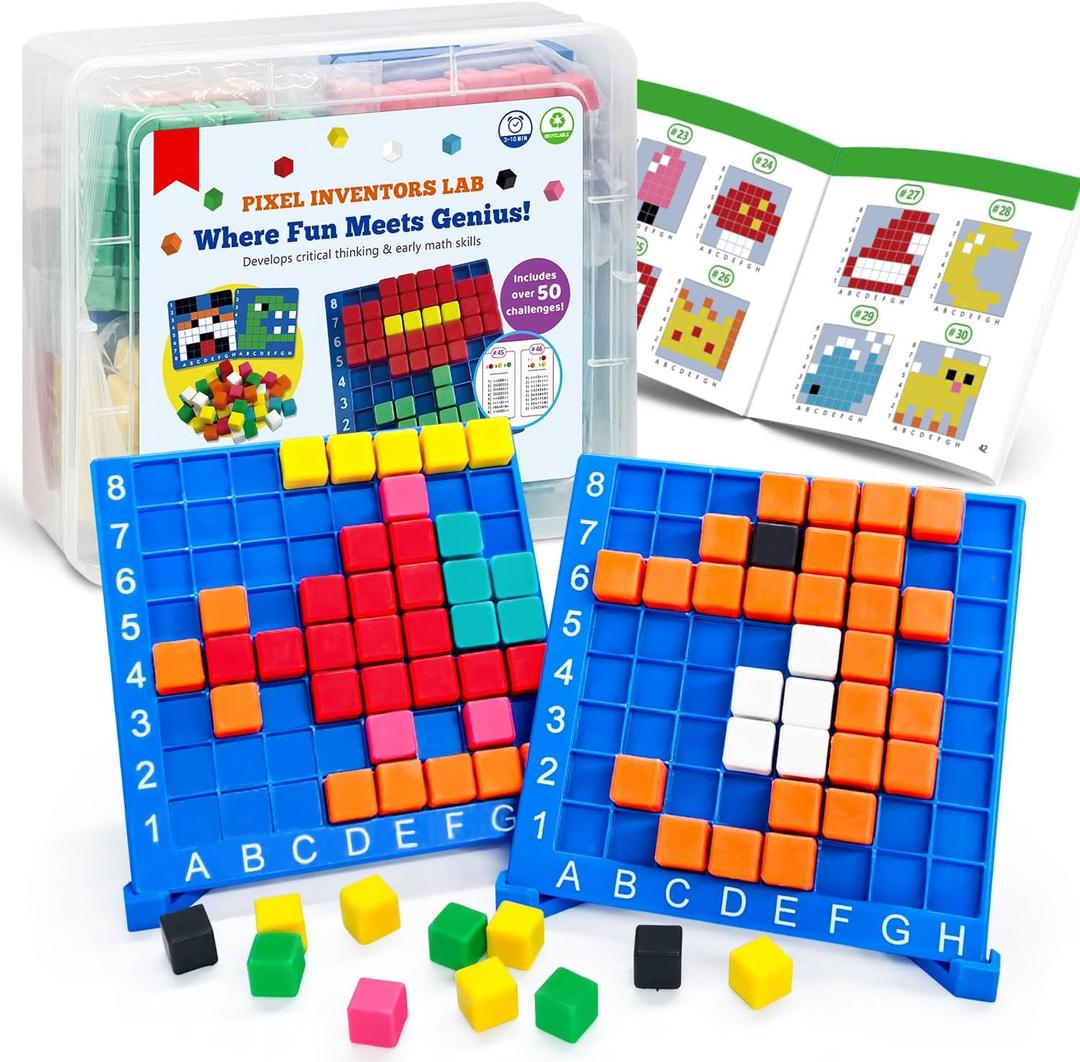 Pixel Art Kit for Kids Ages 5-8-12 STEM Building Toy with 400+ Colorful Cubes & Challenge Cards | Fine Motor Skills, Math & Coding Activities | Educational Science Gift for Boys and Girls