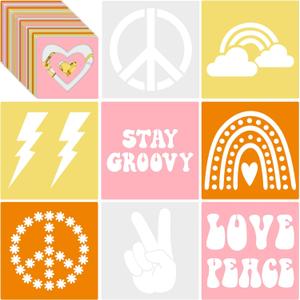 Henoyso 24 Pcs Boho Groovy Peace Stencil Set 8 x 8 Inch Plastic Drawing Painting Chalk Templates Assorted Stencils Reusable for Kids Painting on Wood Paper Scrapbook Wedding DIY Art Crafts, Peace Style