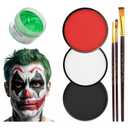 Clown Makeup Kit, Includes Red, Black & White Water Based Face Paint with 3 Face Paint Brushes & Temporary Green Hair Color Wax for Halloween Clown Makeup Costume & Cosplay