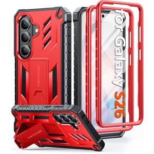 FNTCASE for Samsung Galaxy S26 Case: with [Built-in Screen Protector & Kickstand] [2 Front Frames] [Military-Grade Drop Protection] Heavy Duty Shockproof Rugged Case Full Body Protective Cover Red