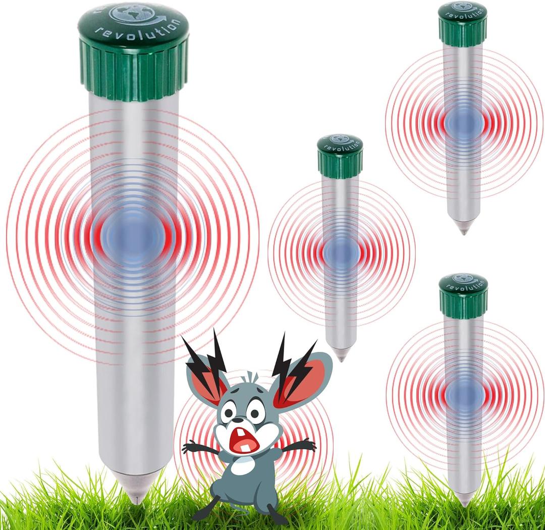 4 Pack Sonic Mole Chaser - Battery Operated Pest Repeller Stake, Scares Away Moles, Voles, Gophers and Rats by GreenLighting (Metal & Green)