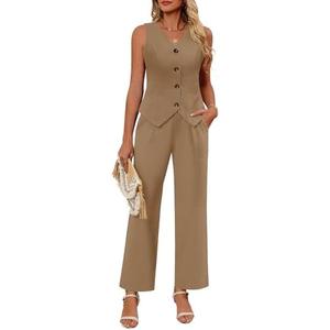 Ficerd Women's 2 Piece Outfits, Sleeveless Cotton Suit Vest and Wide Leg Pant Summer Business Casual Button V Neck Blazer Set Size L