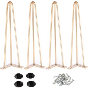 Osring 28 Inch Hairpin Table Legs with 1/2" Dia 3-Rods, Heavy Duty Metal Hairpin Furniture Leg for Coffee Table and Patio Bench, Gold Furniture Feet with Floor Protectors for Home DIY Project, 4