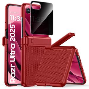 Spugan for Motorola Razr Ultra 2025 Case, Built-in [Privacy Screen Protector] [Hinge Protection] [Hidden Kickstand] Slim Shockproof Phone Case for Motorola Razr Ultra 2025 (Burgundy Red)